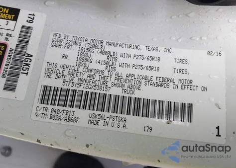 2016 Toyota Tundra Sr5 5.7L V8 from USA, damaged, VIN 5TFDY5F12GX538157